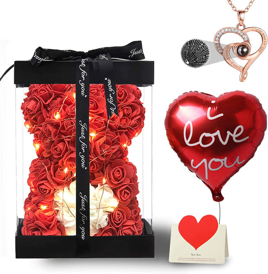 Rose Bear Valentines Day Gifts for Her, Flower Bear Rose Teddy Bear with Box Lights Necklace Balloon Card, Cute Romantic I Love You Anniversary Birthday Valentines Day Gifts & Decor